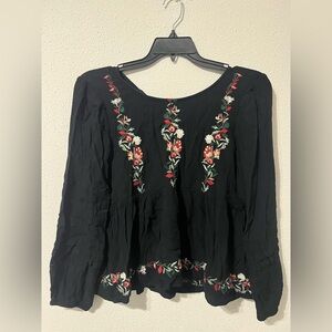 American Eagle Embroidered Peasant Top with Red Floral Detailing